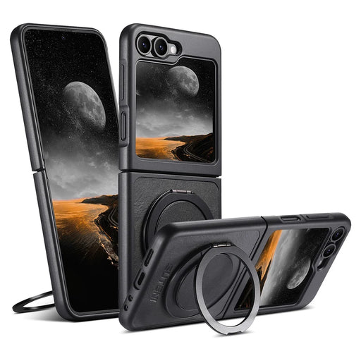 SUTENI G3 For Samsung Galaxy Z Flip5 5G Magnetic Case Waxy Texture Rotating Kickstand Leather Phone Back Cover - Black - 1