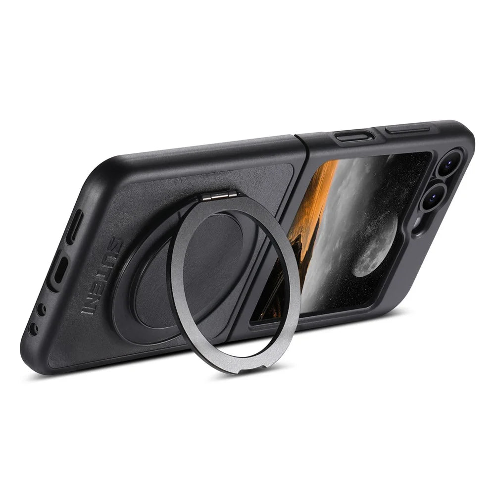 SUTENI G3 For Samsung Galaxy Z Flip5 5G Magnetic Case Waxy Texture Rotating Kickstand Leather Phone Back Cover - Black - 3
