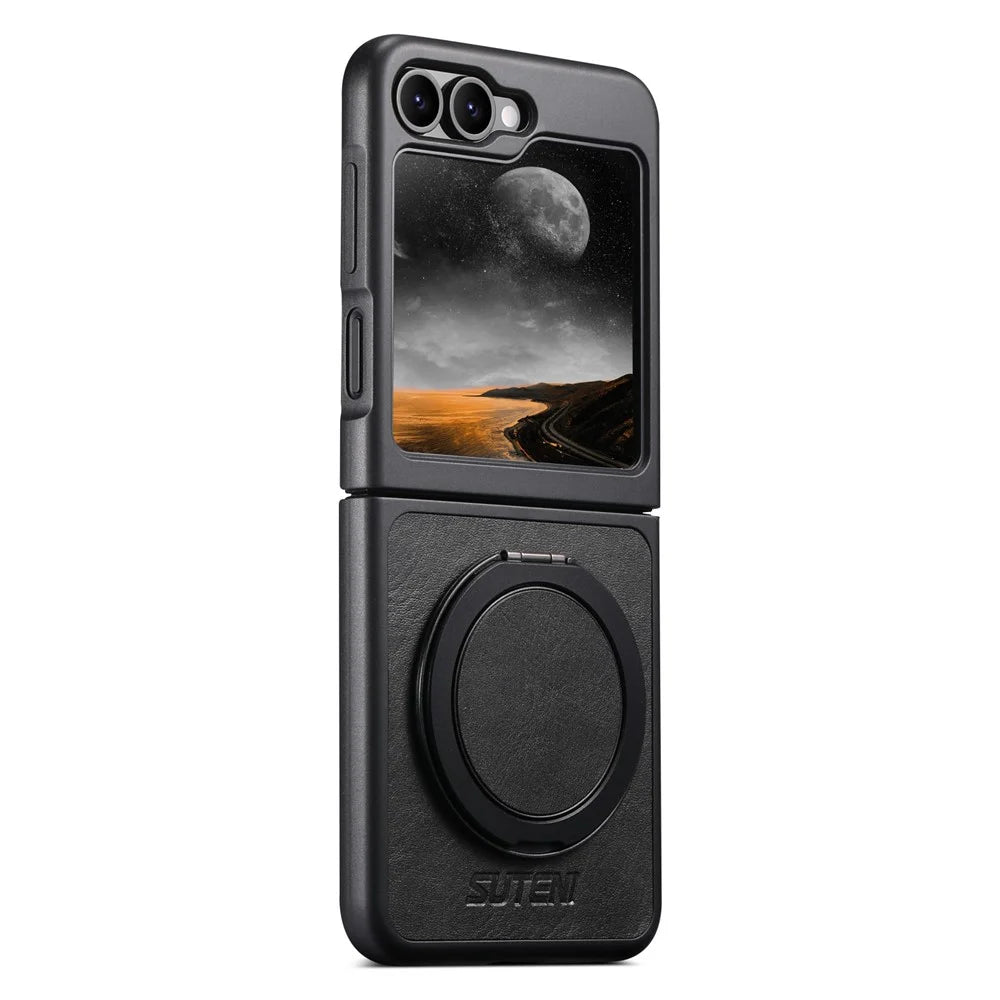 SUTENI G3 For Samsung Galaxy Z Flip5 5G Magnetic Case Waxy Texture Rotating Kickstand Leather Phone Back Cover - Black - 5