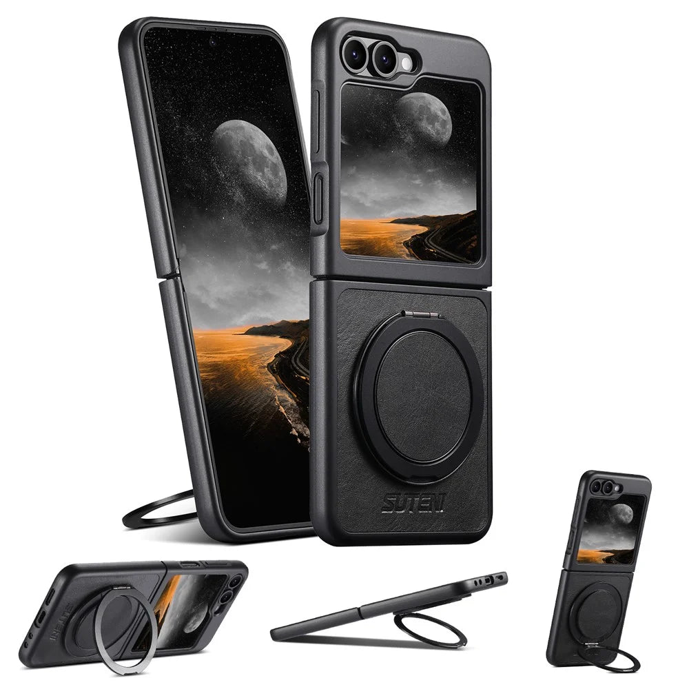 SUTENI G3 For Samsung Galaxy Z Flip5 5G Magnetic Case Waxy Texture Rotating Kickstand Leather Phone Back Cover - Black - 6
