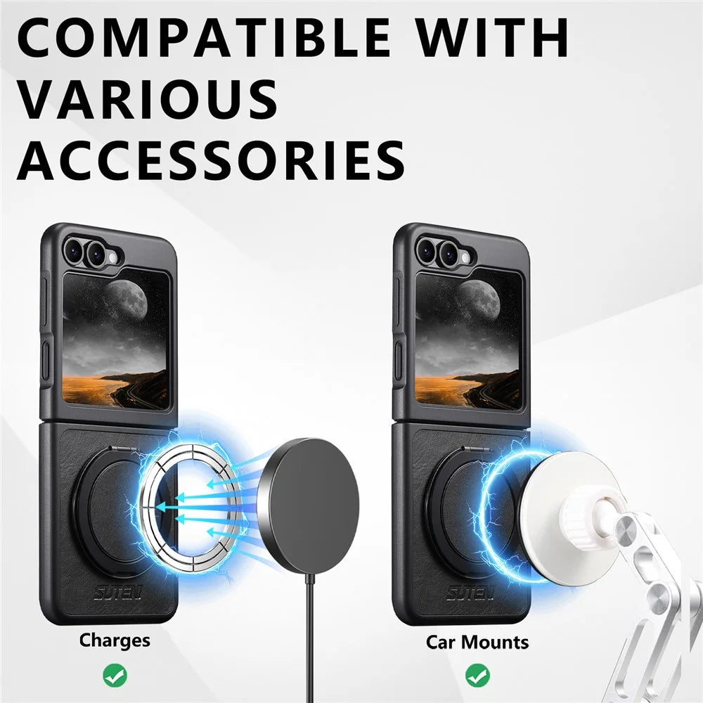 SUTENI G3 For Samsung Galaxy Z Flip5 5G Magnetic Case Waxy Texture Rotating Kickstand Leather Phone Back Cover - Black - 7