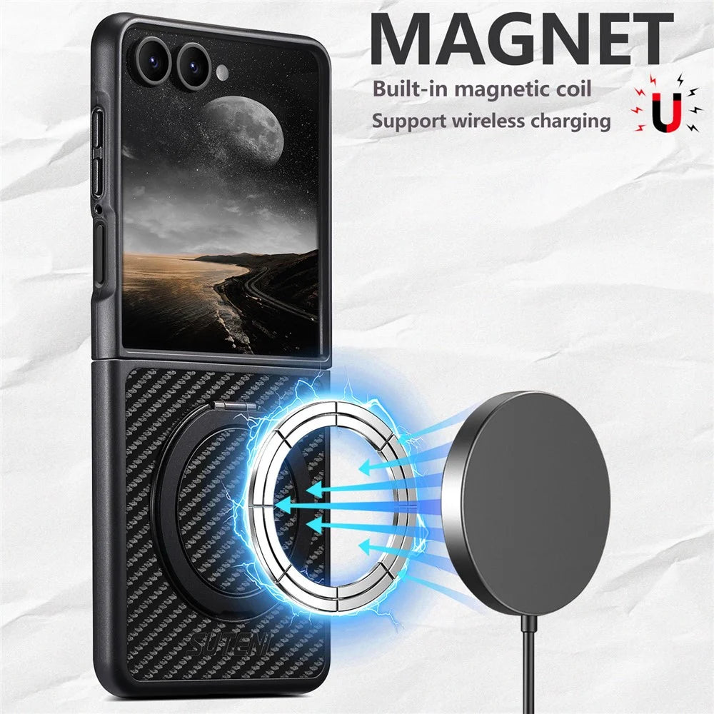 SUTENI G3 For Samsung Galaxy Z Flip7 5G Magnetic Case Rotating Kickstand Carbon Fiber Texture Leather Phone Back Cover - 6