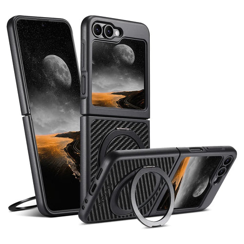 SUTENI G3 For Samsung Galaxy Z Flip5 5G Magnetic Case Rotating Kickstand Carbon Fiber Texture Leather Phone Back Cover - 1