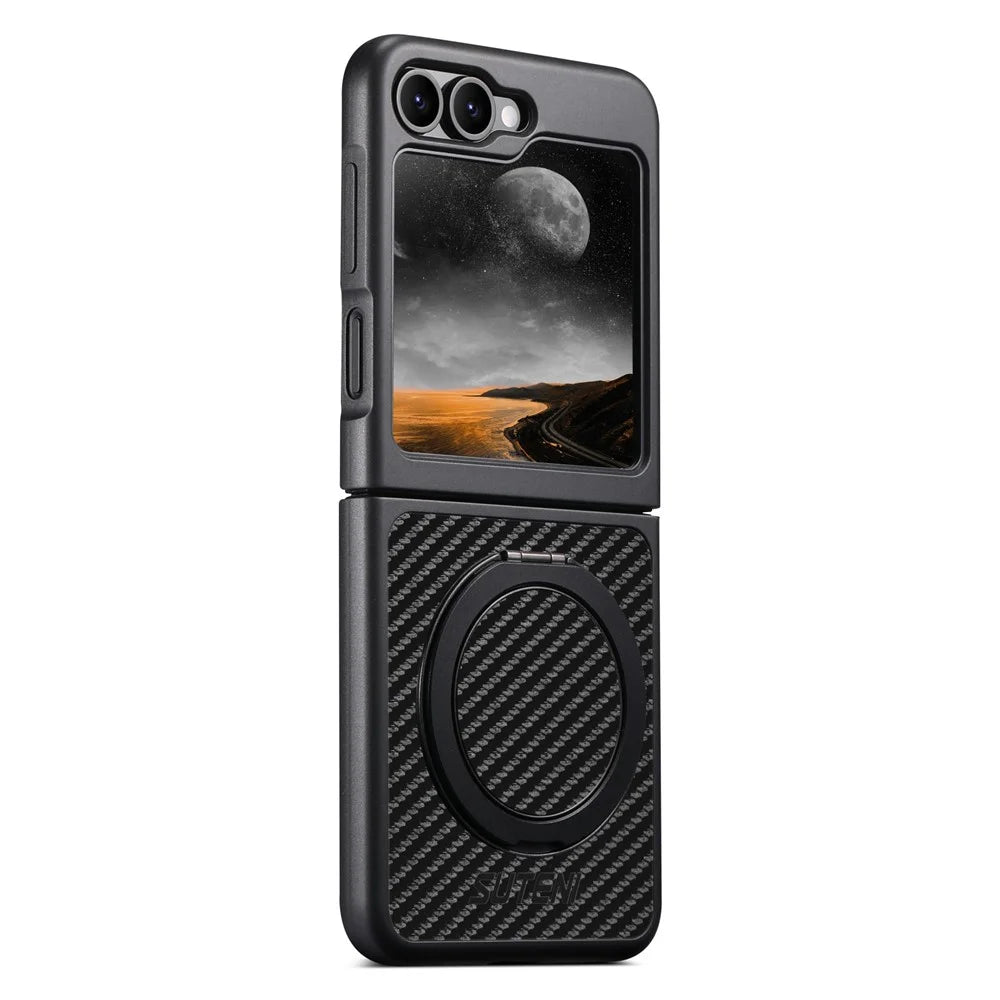 SUTENI G3 For Samsung Galaxy Z Flip5 5G Magnetic Case Rotating Kickstand Carbon Fiber Texture Leather Phone Back Cover - 7