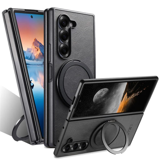SUTENI G3 For Samsung Galaxy Z Fold6 5G Magnetic Case Waxy Texture Rotating Kickstand Leather Phone Back Cover - Black - 1