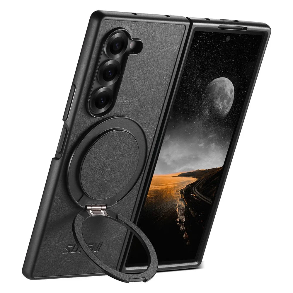 SUTENI G3 For Samsung Galaxy Z Fold6 5G Magnetic Case Waxy Texture Rotating Kickstand Leather Phone Back Cover - Black - 3