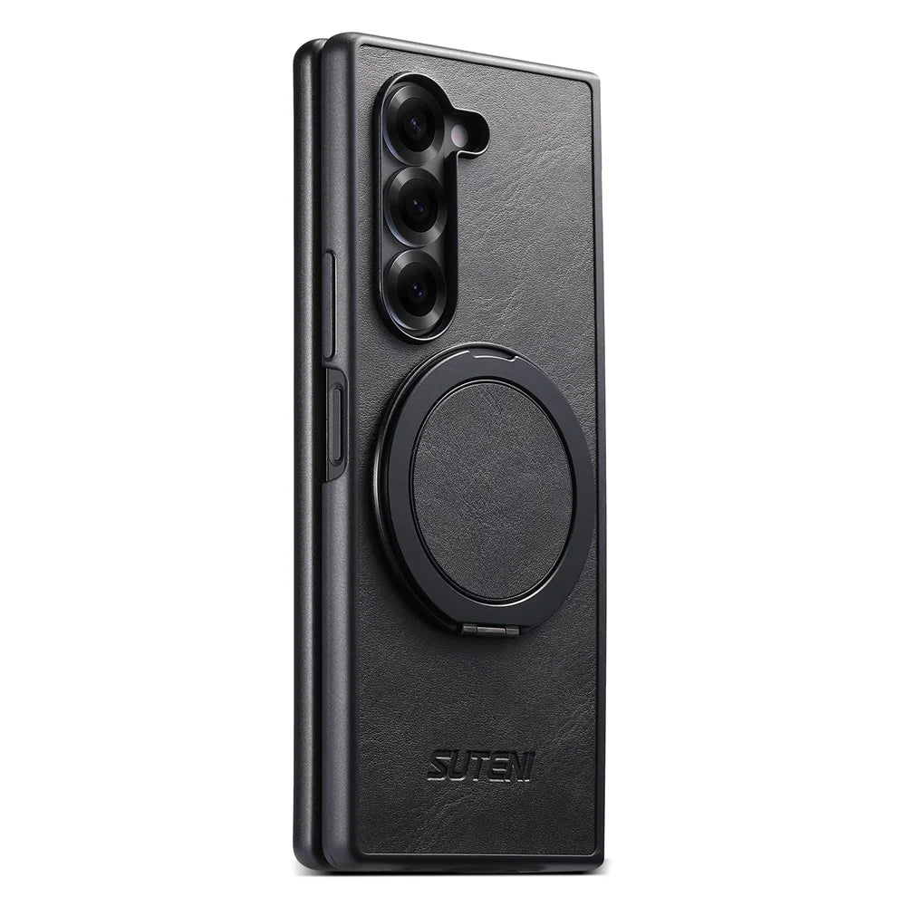 SUTENI G3 For Samsung Galaxy Z Fold6 5G Magnetic Case Waxy Texture Rotating Kickstand Leather Phone Back Cover - Black - 5