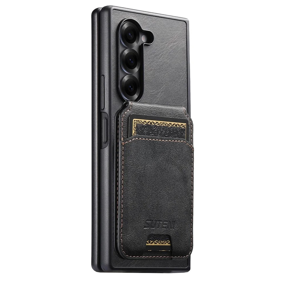 SUTENI G3 For Samsung Galaxy Z Fold6 5G Magnetic Case Waxy Texture Rotating Kickstand Leather Phone Back Cover - Black - 6