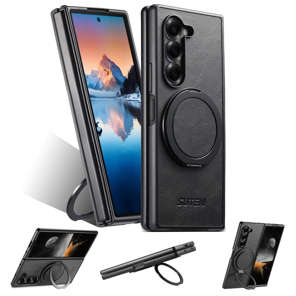 SUTENI G3 For Samsung Galaxy Z Fold6 5G Magnetic Case Waxy Texture Rotating Kickstand Leather Phone Back Cover - Black - 7