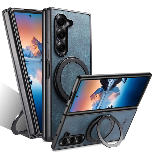 SUTENI G3 For Samsung Galaxy Z Fold5 5G Magnetic Case Waxy Texture Rotating Kickstand Leather Phone Back Cover - Blue - 1