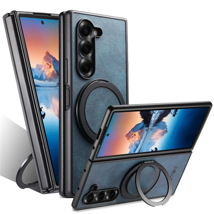 SUTENI G3 For Samsung Galaxy Z Fold5 5G Magnetic Case Waxy Texture Rotating Kickstand Leather Phone Back Cover - Blue - 1