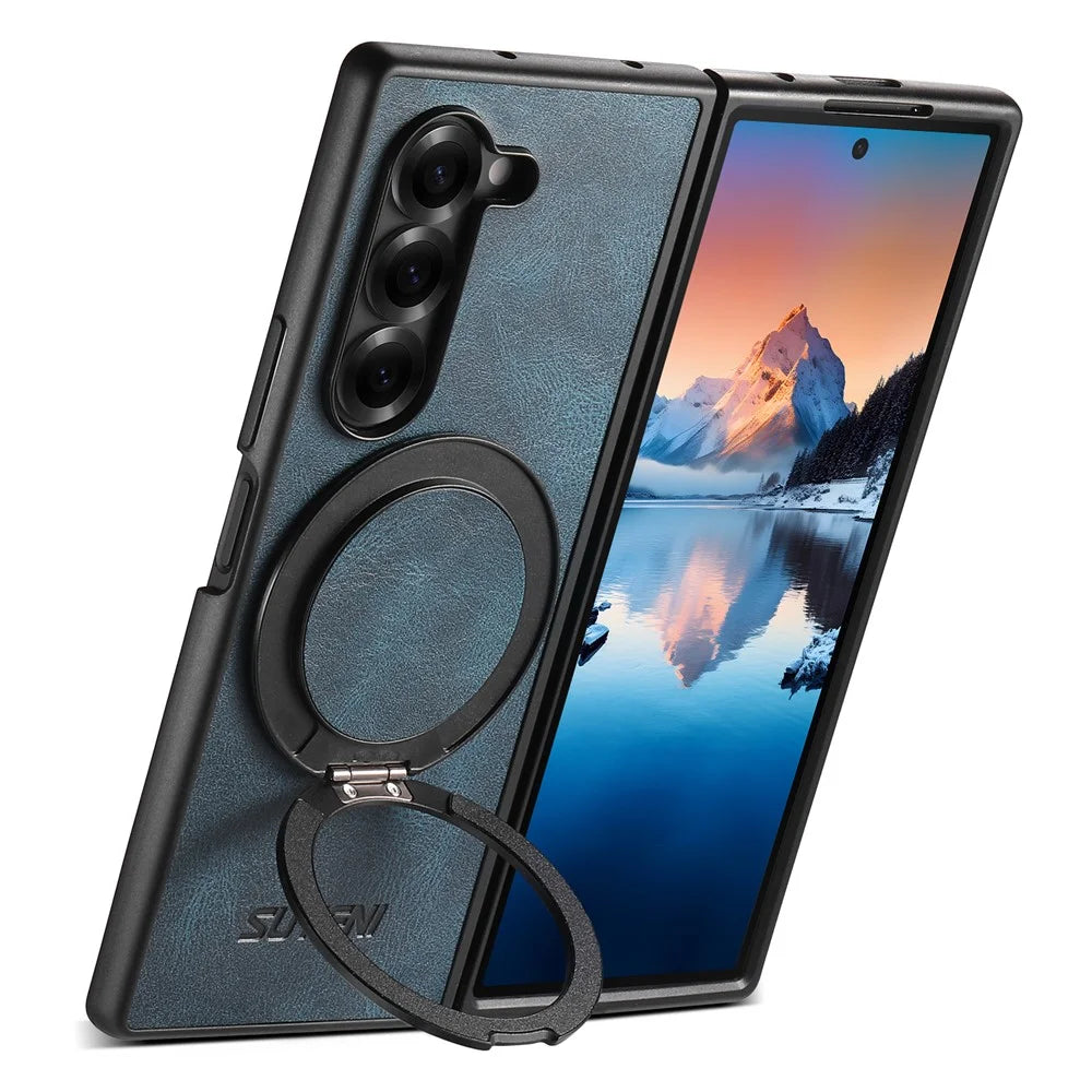 SUTENI G3 For Samsung Galaxy Z Fold5 5G Magnetic Case Waxy Texture Rotating Kickstand Leather Phone Back Cover - Blue - 3