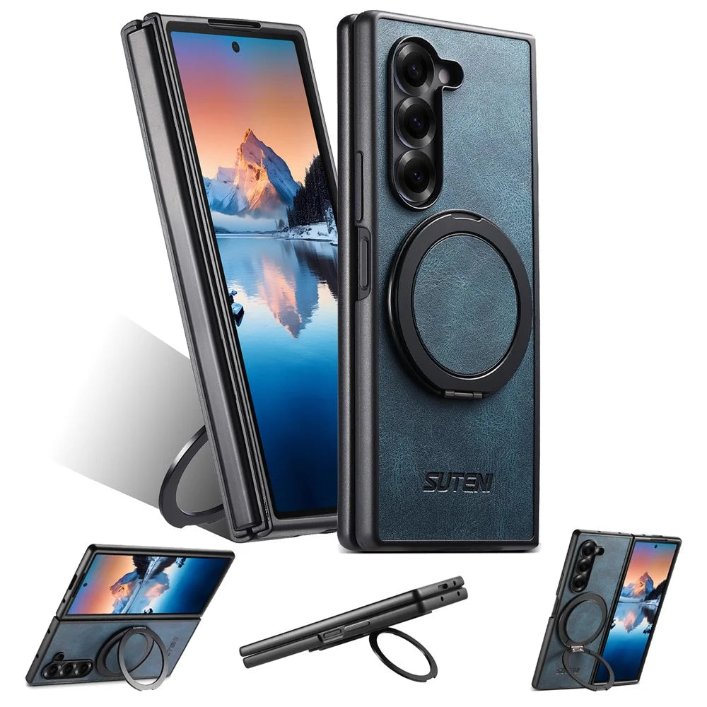 SUTENI G3 For Samsung Galaxy Z Fold5 5G Magnetic Case Waxy Texture Rotating Kickstand Leather Phone Back Cover - Blue - 5