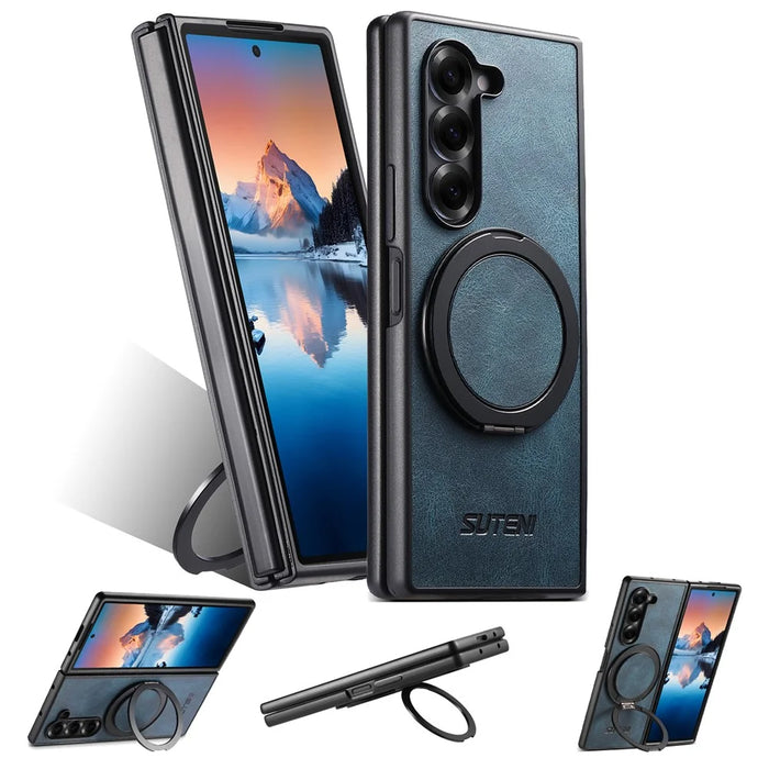 SUTENI G3 For Samsung Galaxy Z Fold5 5G Magnetic Case Waxy Texture Rotating Kickstand Leather Phone Back Cover - Blue - 5