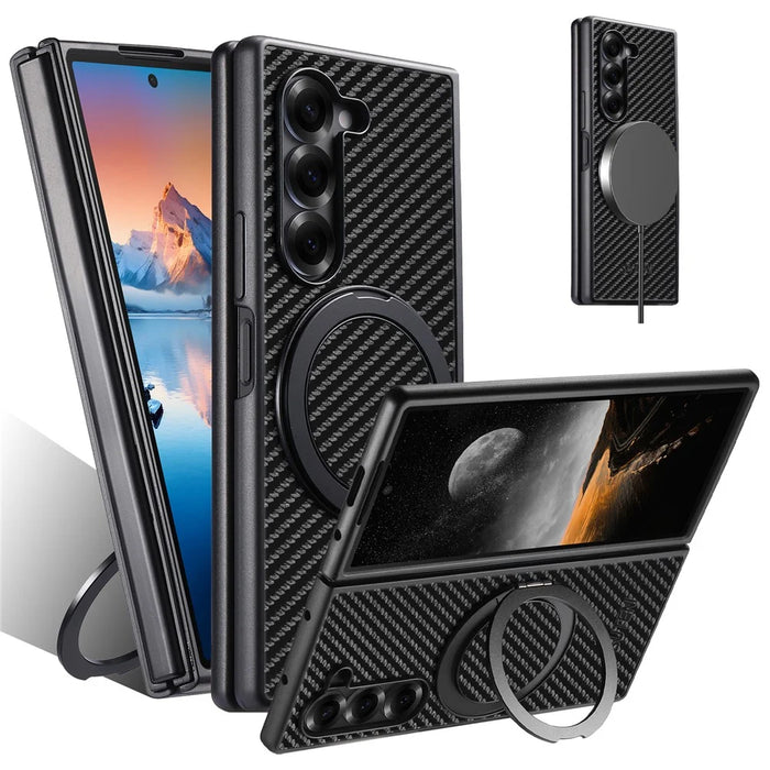 SUTENI G3 For Samsung Galaxy Z Fold5 5G Magnetic Case Rotating Kickstand Carbon Fiber Texture Leather Phone Back Cover - 1