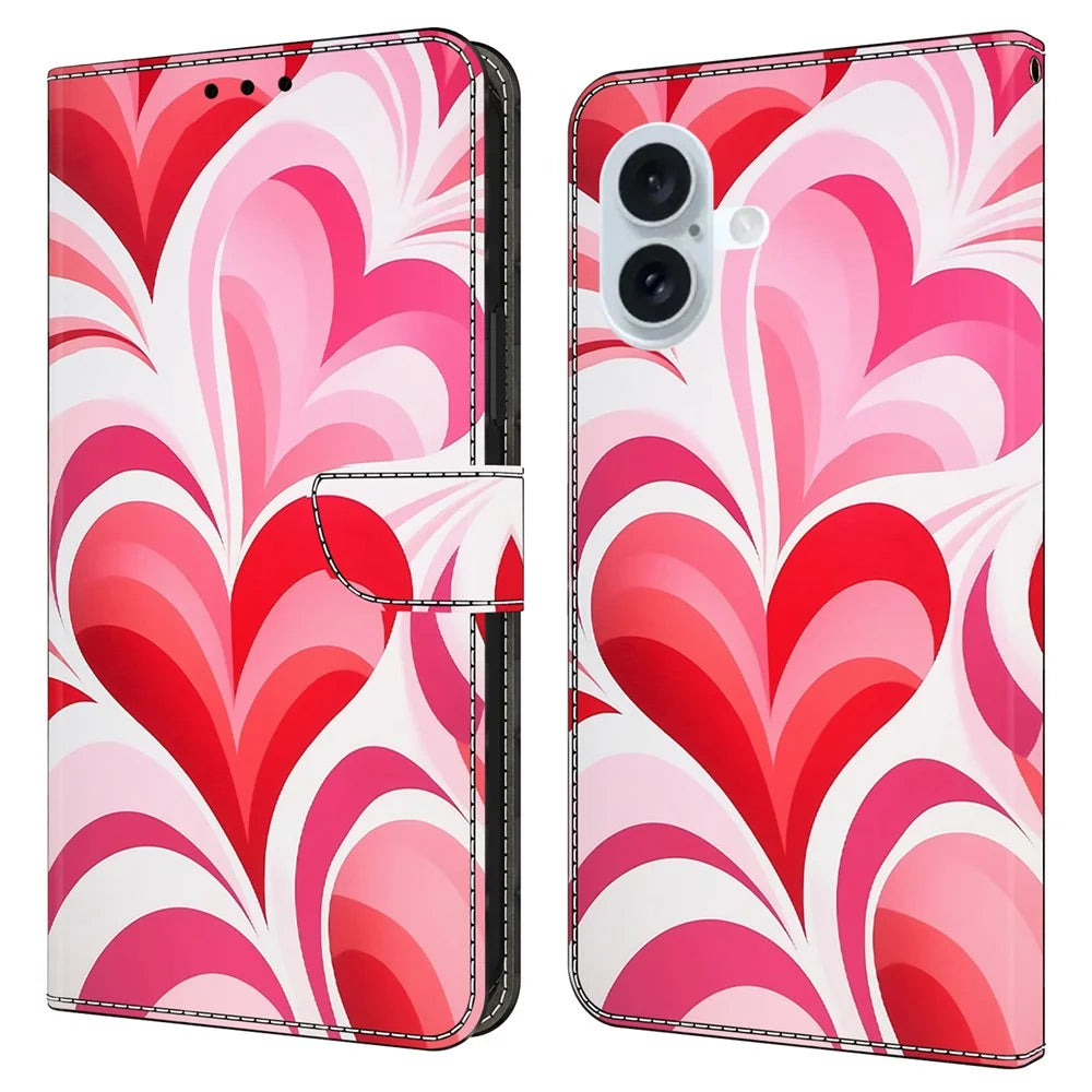 For iPhone 16 Case Wallet Stand Pattern Printing PU Leather Flip Phone Cover - Love - 1