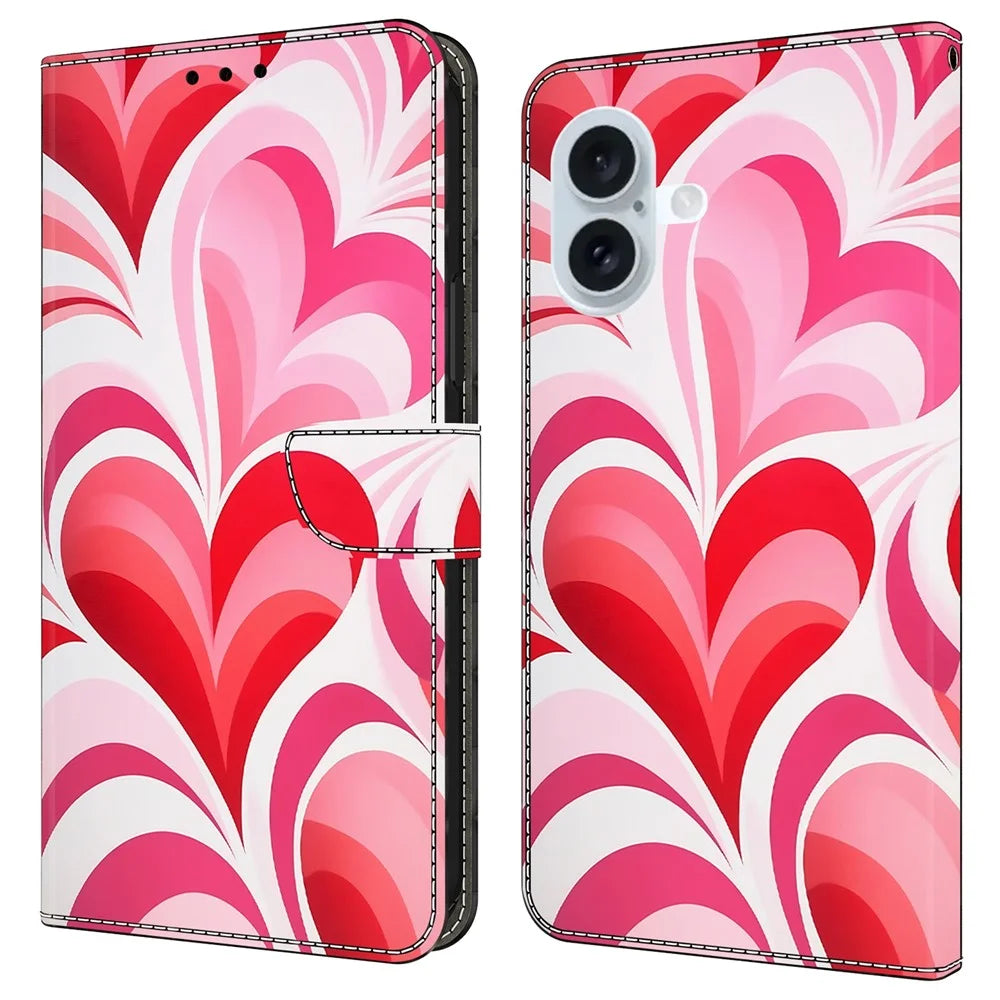 For iPhone 16 Plus Case Wallet Stand Pattern Printing PU Leather Flip Phone Cover - Love - 1