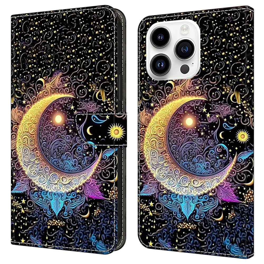 For iPhone 16 Pro Case Wallet Stand Pattern Printing PU Leather Flip Phone Cover - Bright Moon - 1