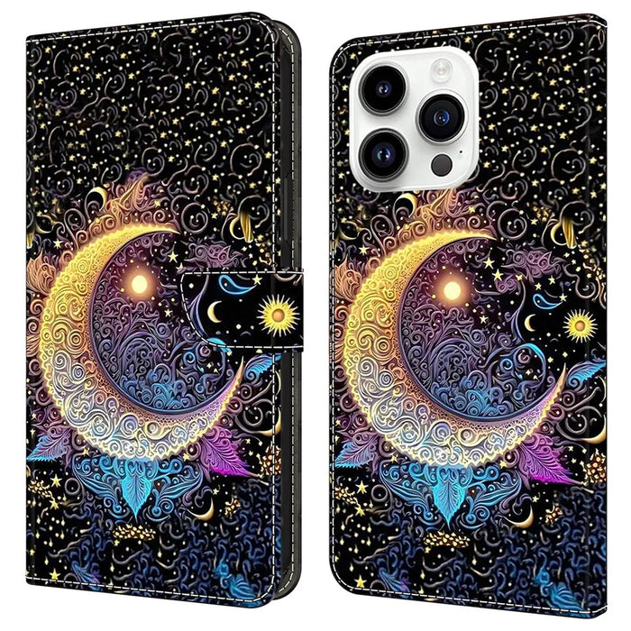 For iPhone 16 Pro Case Wallet Stand Pattern Printing PU Leather Flip Phone Cover - Bright Moon - 1