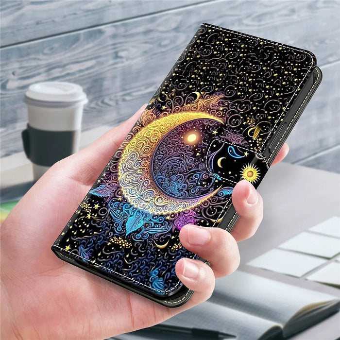 For iPhone 16 Pro Case Wallet Stand Pattern Printing PU Leather Flip Phone Cover - Bright Moon - 5