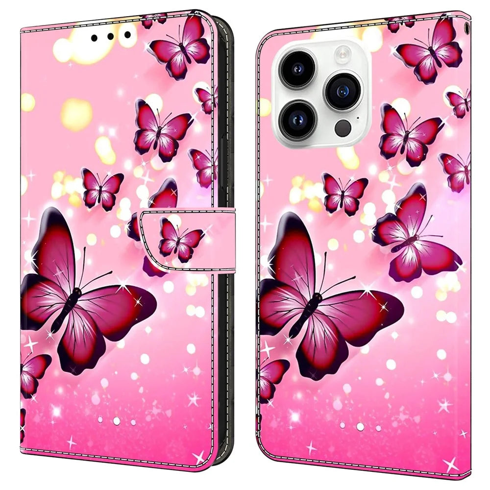 For iPhone 16 Pro Max Case Wallet Stand Pattern Printing PU Leather Flip Phone Cover - Pink Butterfly - 1