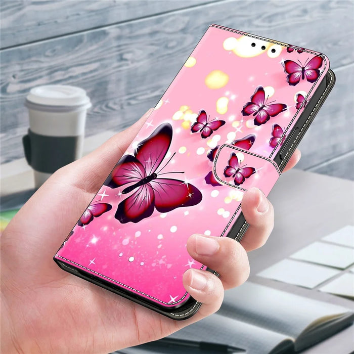 For iPhone 16 Pro Max Case Wallet Stand Pattern Printing PU Leather Flip Phone Cover - Pink Butterfly - 5