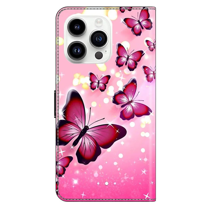 For iPhone 16 Pro Max Case Wallet Stand Pattern Printing PU Leather Flip Phone Cover - Pink Butterfly - 7