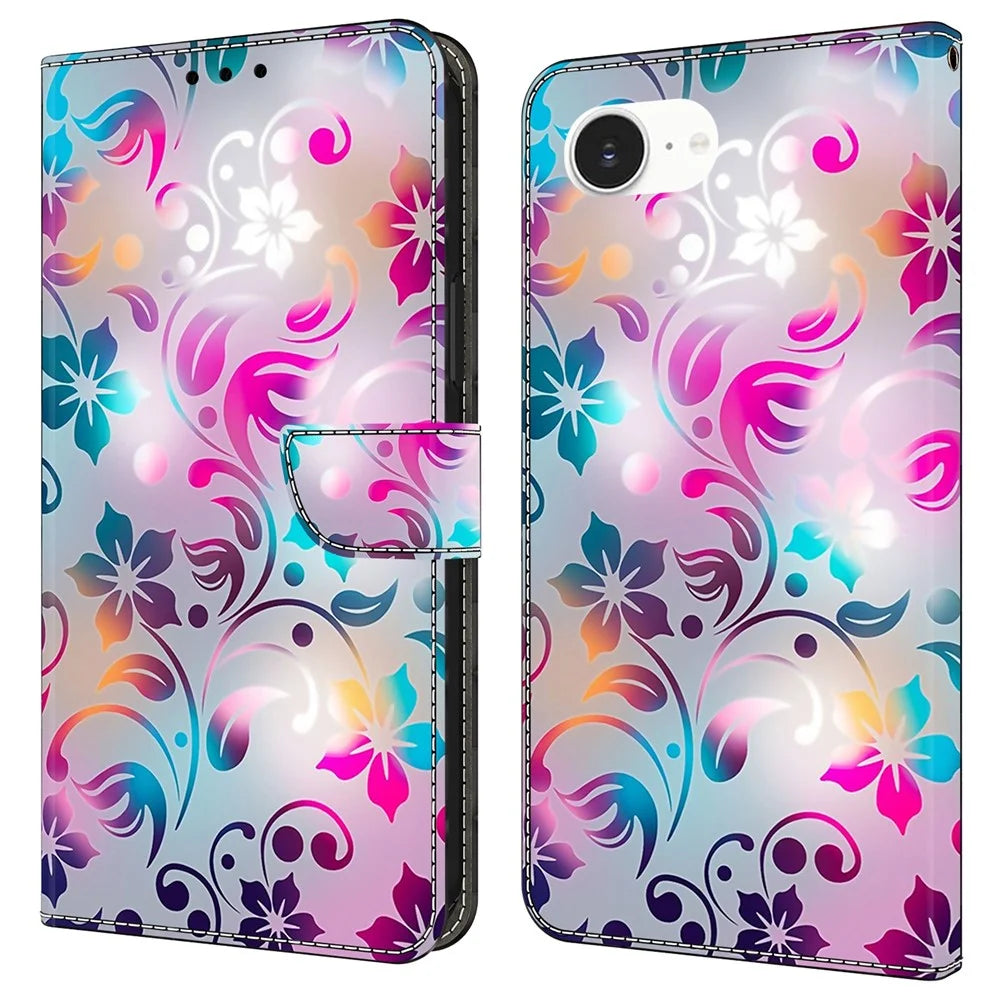 For iPhone 17e / 16e Case Wallet Stand Pattern Printing PU Leather Flip Phone Cover - Craft Flowers - 1