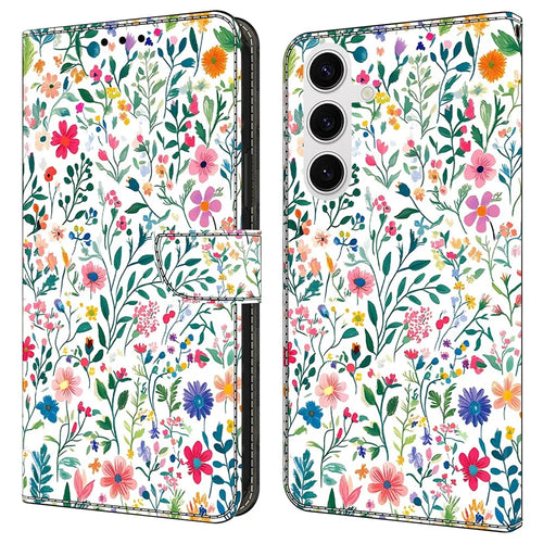 For Samsung Galaxy S25 Case Wallet Stand Pattern Printing PU Leather Flip Phone Cover - Small Flowerbed - 1