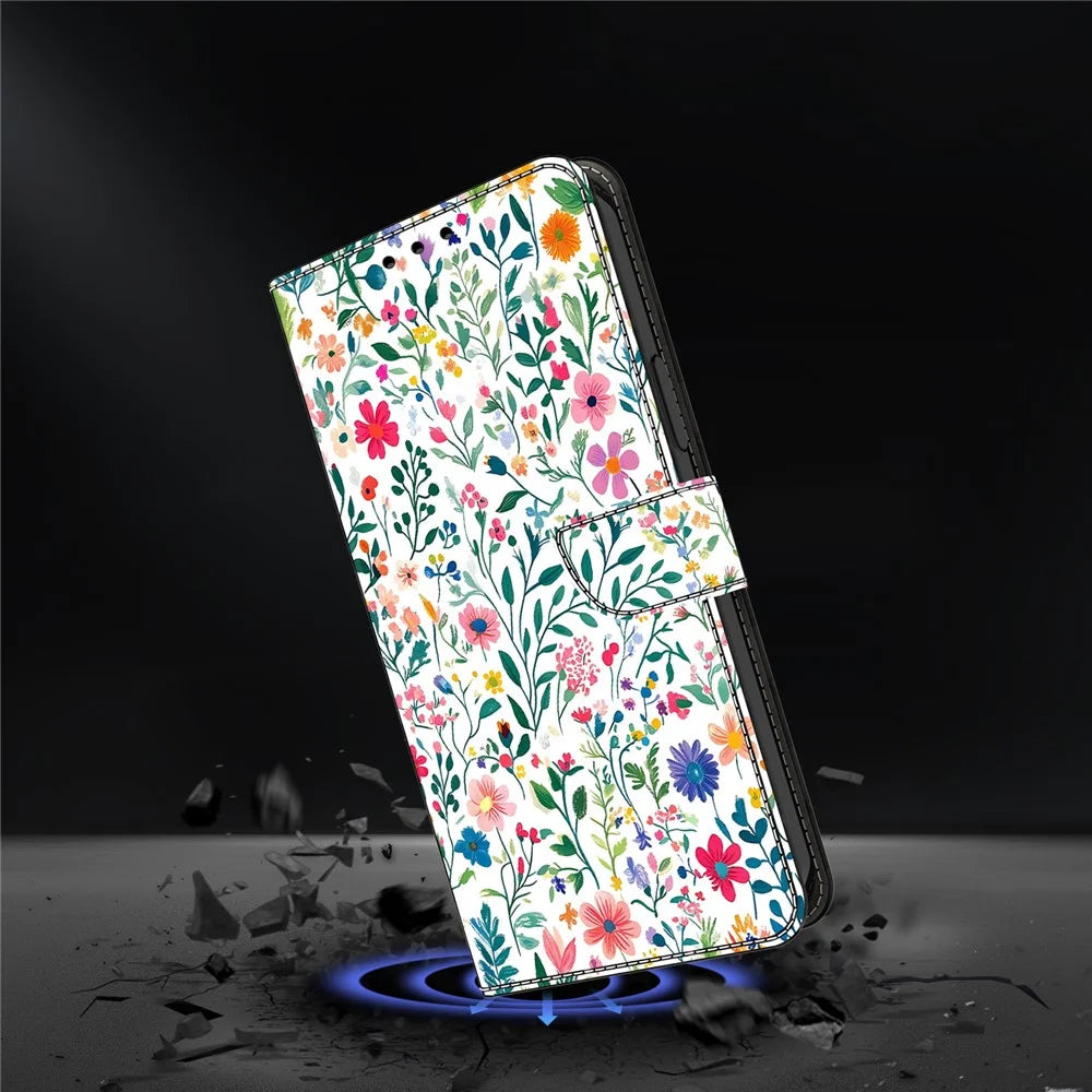 For Samsung Galaxy S25 Case Wallet Stand Pattern Printing PU Leather Flip Phone Cover - Small Flowerbed - 4