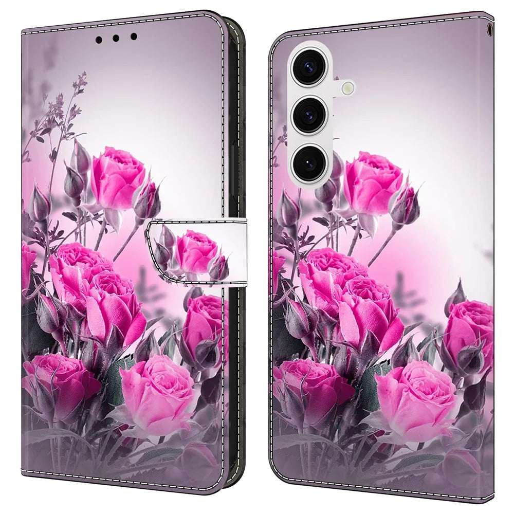 For Samsung Galaxy S24 FE Case Wallet Stand Pattern Printing PU Leather Flip Phone Cover - Purple Flowers - 1