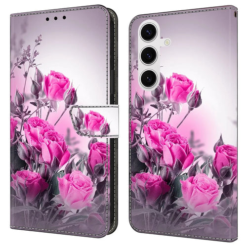 For Samsung Galaxy S24 FE Case Wallet Stand Pattern Printing PU Leather Flip Phone Cover - Purple Flowers - 1