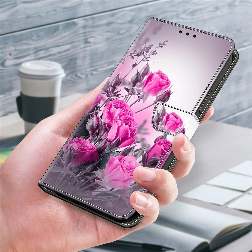 For Samsung Galaxy S24 FE Case Wallet Stand Pattern Printing PU Leather Flip Phone Cover - Purple Flowers - 5