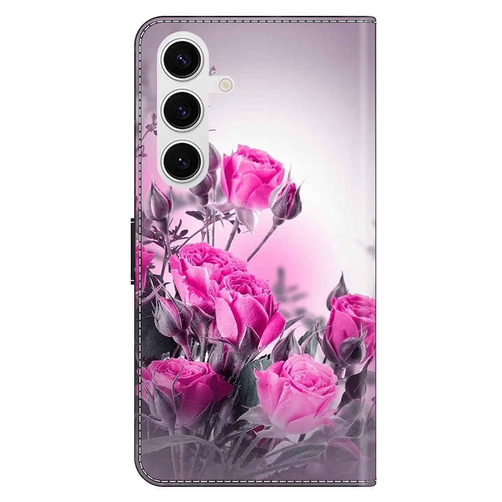 For Samsung Galaxy S24 FE Case Wallet Stand Pattern Printing PU Leather Flip Phone Cover - Purple Flowers - 7