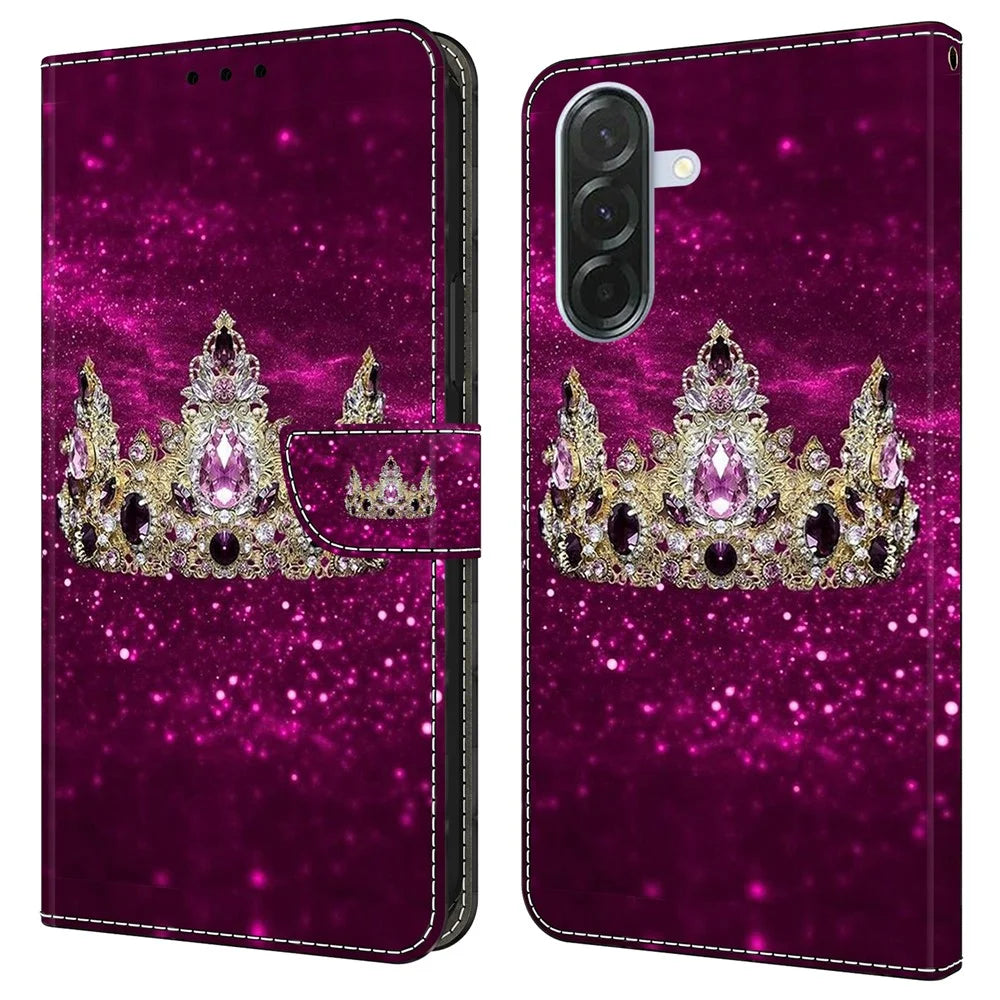 For Samsung Galaxy A26 5G Case Wallet Stand Pattern Printing PU Leather Flip Phone Cover - Purple Diamond Crown - 1