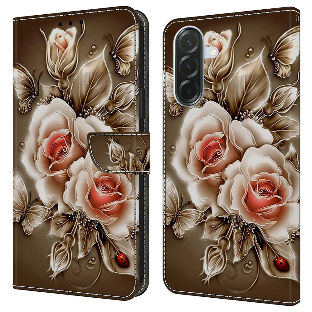 For Samsung Galaxy A36 5G Case Wallet Stand Pattern Printing PU Leather Flip Phone Cover - Brown Rose - 1