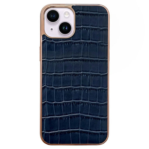 For iPhone 14 Crocodile Texture Genuine Leather Coated TPU Drop-proof Case Nano Electroplating Phone Back Cover - Blue - 1
