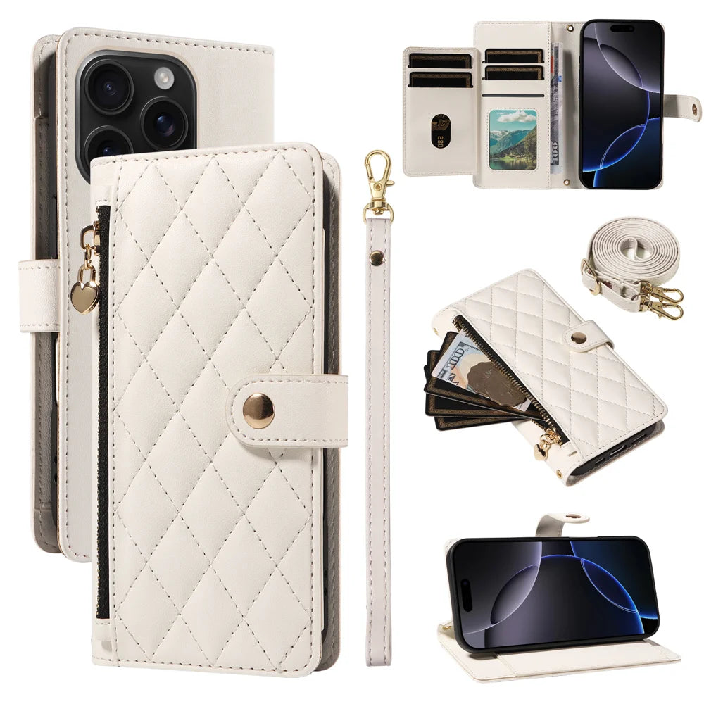 For iPhone 16 Pro Wallet Case with Straps, Rhombus Leather Stand Phone Cover - White - 1