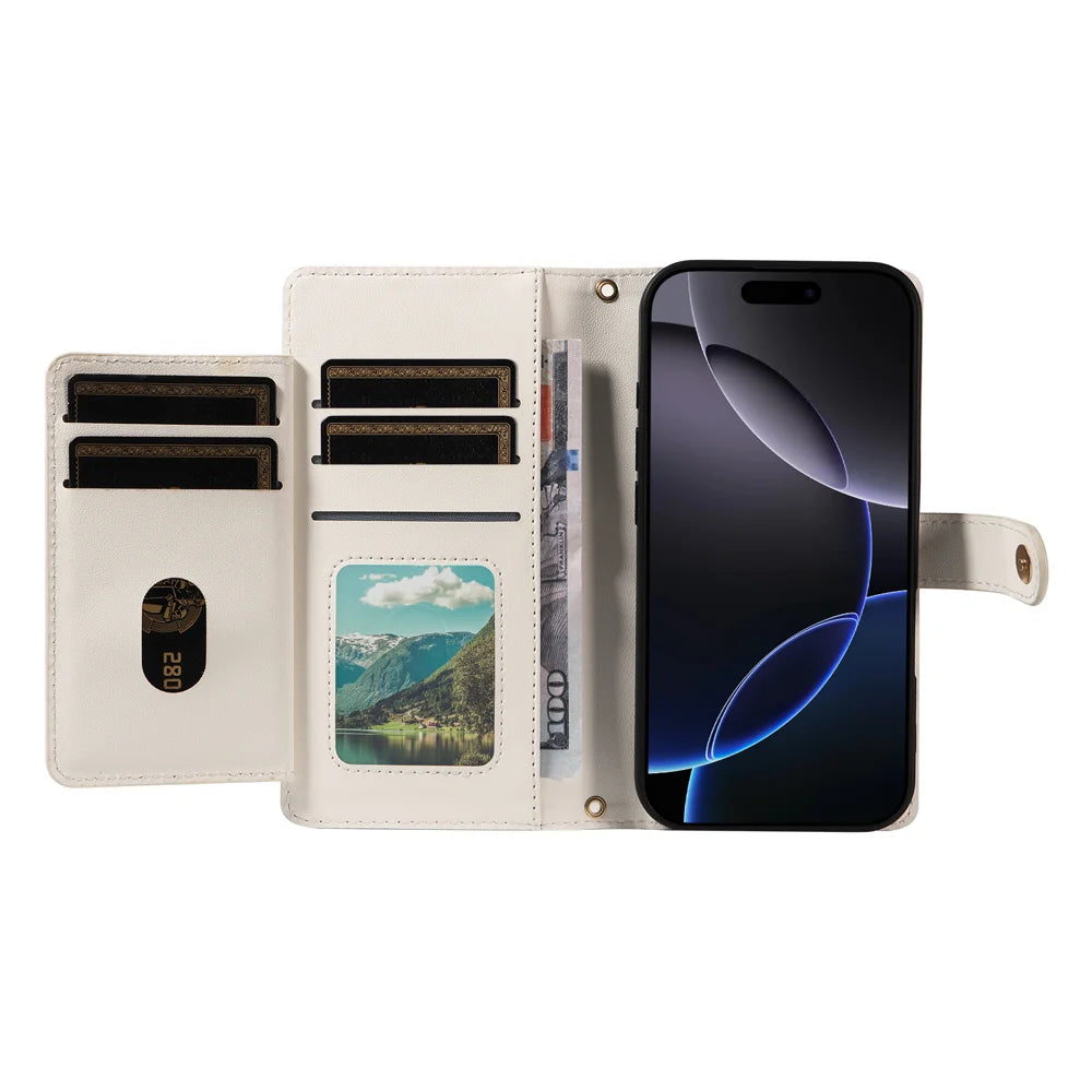For iPhone 16 Pro Wallet Case with Straps, Rhombus Leather Stand Phone Cover - White - 2