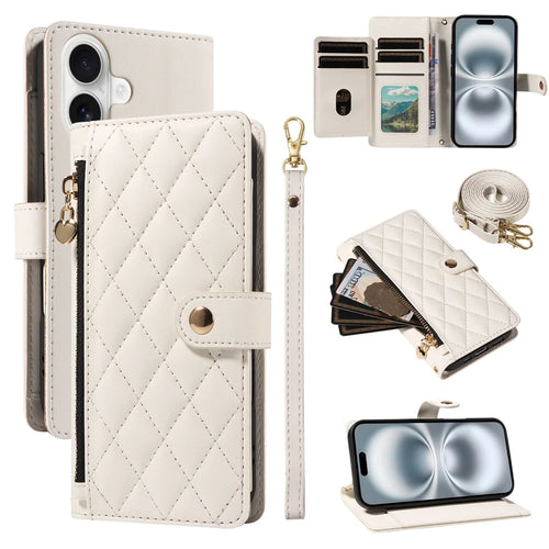For iPhone 16 Wallet Case with Straps, Rhombus Leather Stand Phone Cover - White - 1