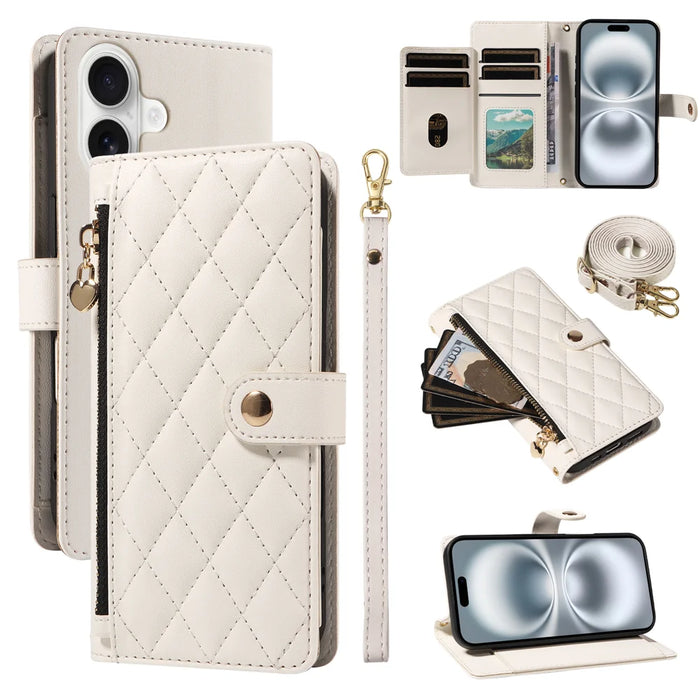 For iPhone 16 Wallet Case with Straps, Rhombus Leather Stand Phone Cover - White - 1