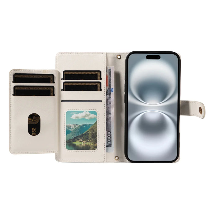 For iPhone 16 Wallet Case with Straps, Rhombus Leather Stand Phone Cover - White - 2
