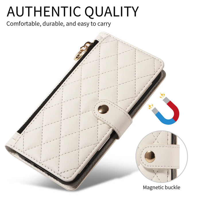For iPhone 16 Wallet Case with Straps, Rhombus Leather Stand Phone Cover - White - 4