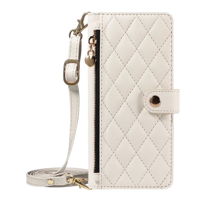 For iPhone 16 Wallet Case with Straps, Rhombus Leather Stand Phone Cover - White - 7