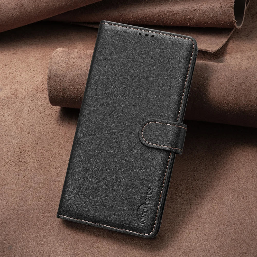 BINFEN COLOR For iPhone 18 Pro / 17 Pro Leather Case  BF32 Wallet RFID Blocking Phone Cover - Black - 6