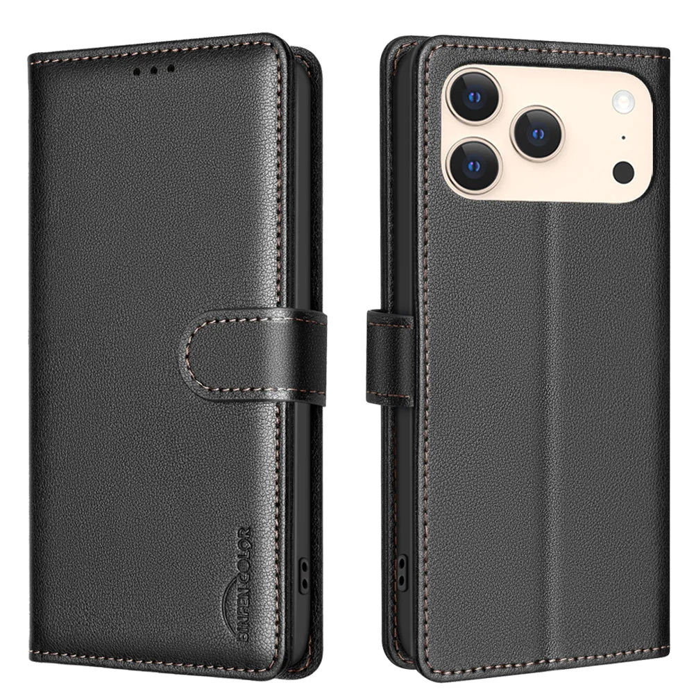 BINFEN COLOR For iPhone 18 Pro Max / 17 Pro Max Leather Case  BF32 Wallet RFID Blocking Phone Cover - Black - 1