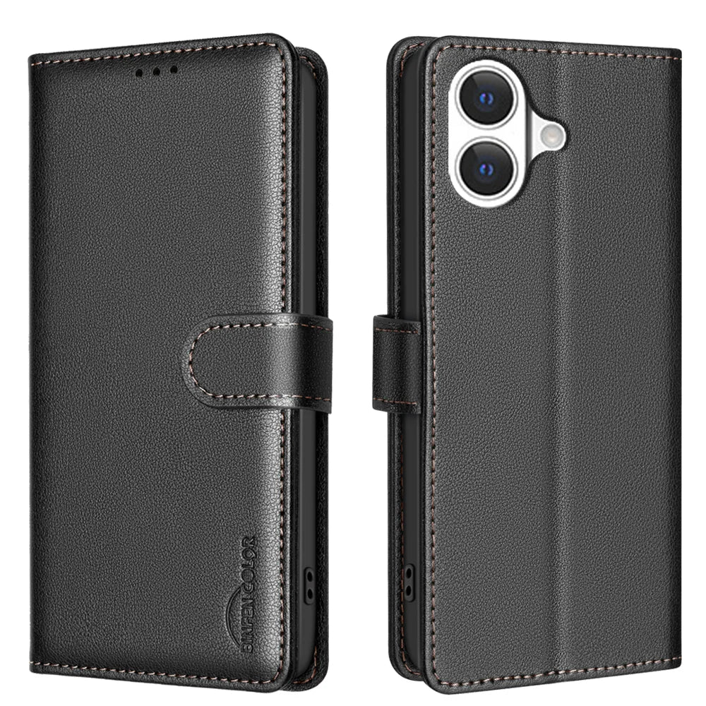 BINFEN COLOR For iPhone 17 Leather Case  BF32 Wallet RFID Blocking Phone Cover - Black - 1