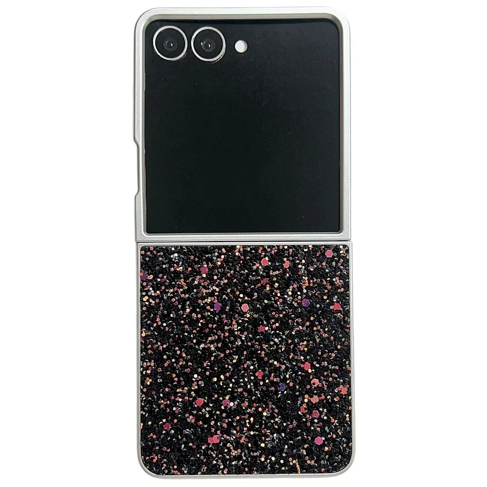 For Samsung Galaxy Z Flip7 5G Case Rubberized Silver Edge Phantom Glitter Hard PC Phone Cover - Black - 1