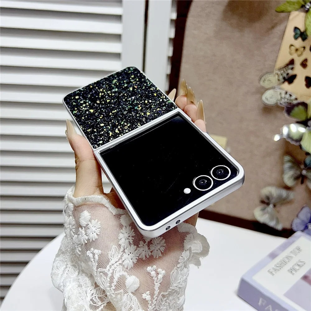 For Samsung Galaxy Z Flip7 5G Case Rubberized Silver Edge Phantom Glitter Hard PC Phone Cover - Black - 3