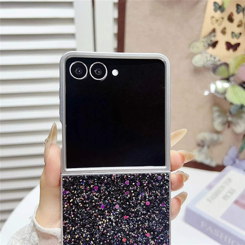 For Samsung Galaxy Z Flip7 5G Case Rubberized Silver Edge Phantom Glitter Hard PC Phone Cover - Black - 4